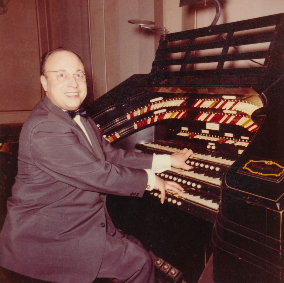 Jean-Jacques Perrey at a Mighty Wurlitzer theatre organ, early 1960s.