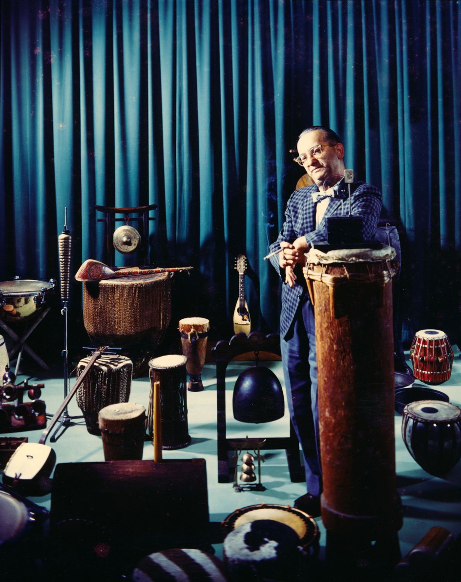Carroll Bratman, proprietor of Carroll Musical Instrument Service, with his rare percussion instrument collection in New York City, 1960s. Bratman was Jean-Jacques Perrey’s sponsor throughout the 1960s.