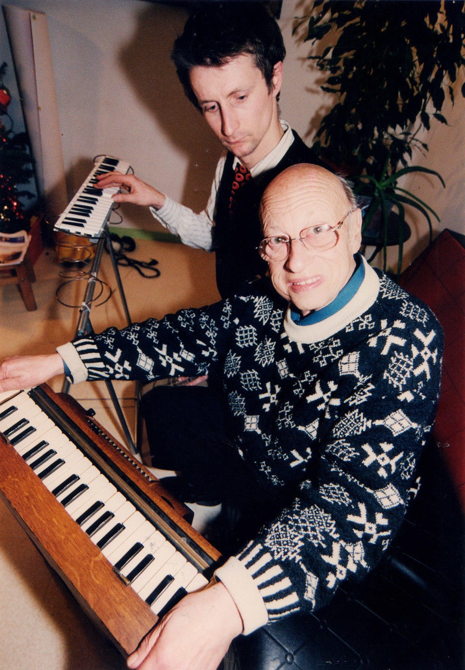 David Chazam and Jean-Jacques Perrey with Ondioline, 1996. Jean-Jacques and David’s musical collaboration led to multiple albums and live performances.