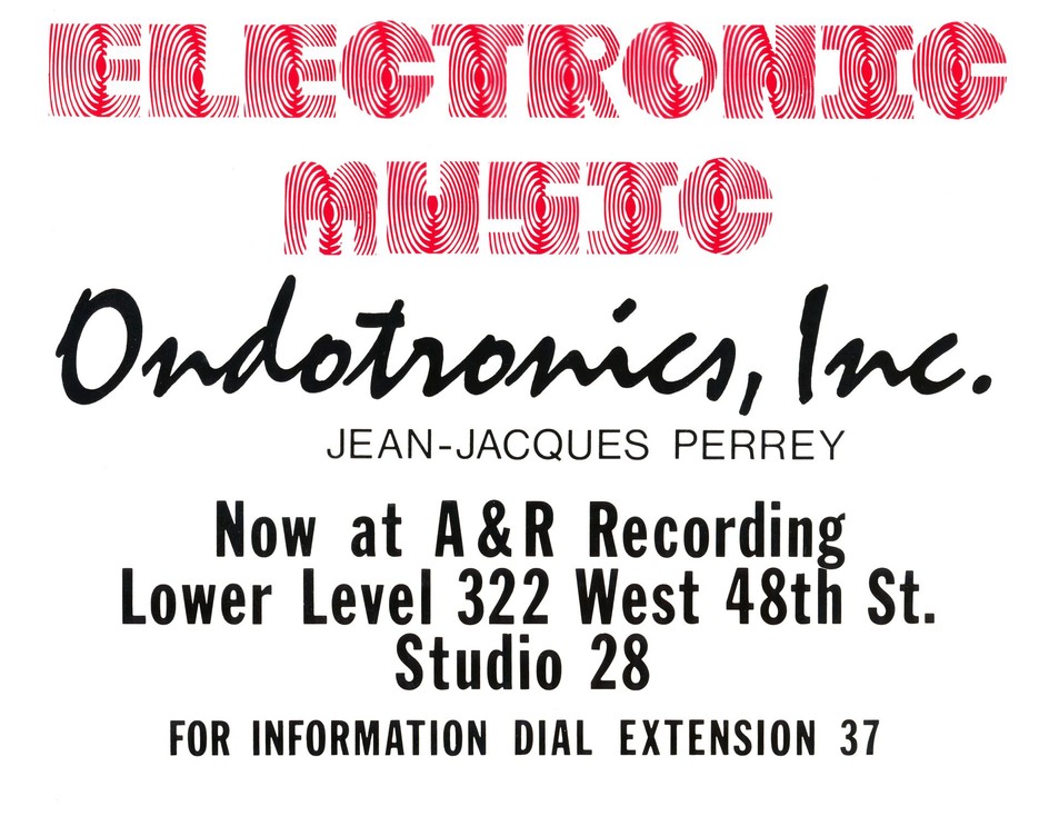 Printed sign for Jean-Jacques Perrey’s late 1960s advertising music company Ondotronics Inc.