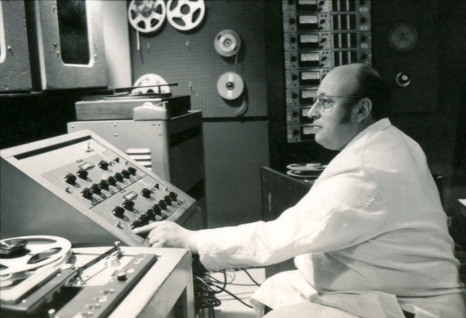 Jean-Jacques Perrey in his Carroll Music electronic music studio in New York City, late 1960s. Equipment visible includes a Scully 1/2” tape machine in the foreground, Altec monitor speakers and Ampex 440 tape machine in back. Photograph by Martin Cohen.