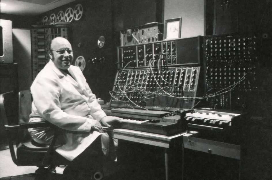 Jean-Jacques Perrey and his Moog modular synthesizer at his Carroll Music electronic music studio in New York City, late 1960s. Other visible equipment includes a Hammond Condor guitar synthesizer and a Conn Strobotuner.