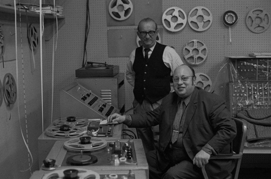 Carroll Bratman and Jean-Jacques Perrey, in Perrey’s electronic music studio at Carroll Musical Instrument Service, mid to late 1960s. Photo by Martin Cohen.