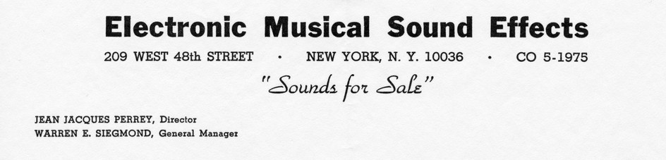 Letterhead for Jean-Jacques Perrey’s musical sound effects company in New York, late 1960s.