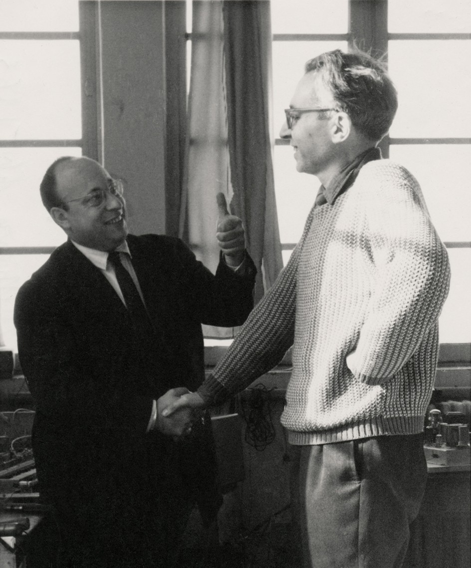 Jean-Jacques Perrey and Georges Jenny, inventor of the Ondioline, in Jenny’s Ondioline workshop, 1963.