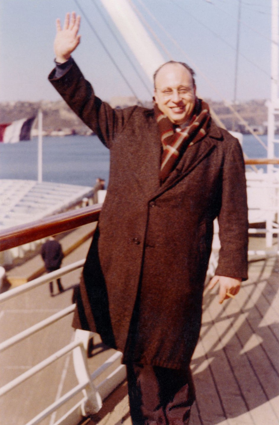 Jean-Jacques Perrey waving from the deck of the S.S. France, mid 1960s.