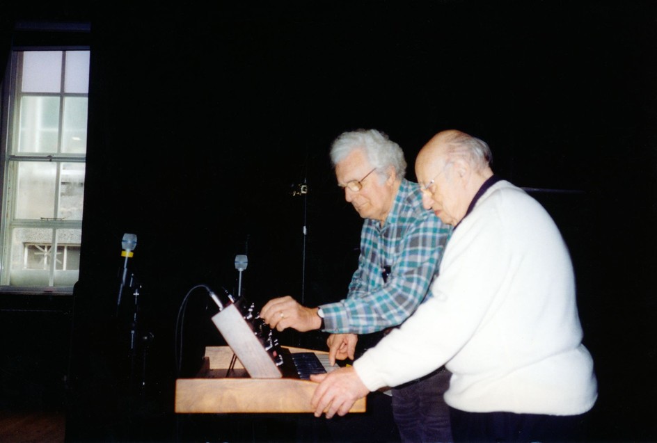 Bob Moog and Jean-Jacques Perrey play a Moog Voyager synthesizer in a lecture they co-presented at the Triptych Music Festival, Scotland, 2002.