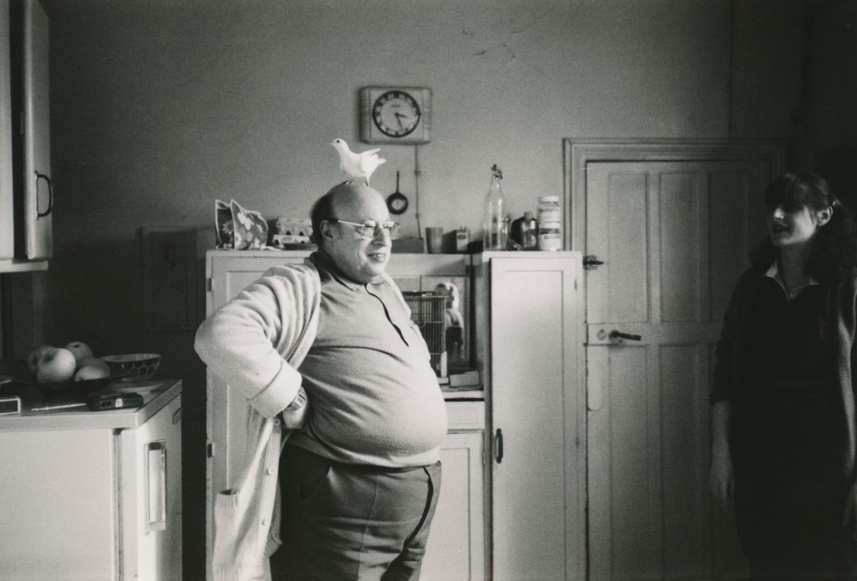 Jean-Jacques Perrey with dove Fifi or Lulu, and Perrey’s daughter Patricia, in Rosières, France, 1983.