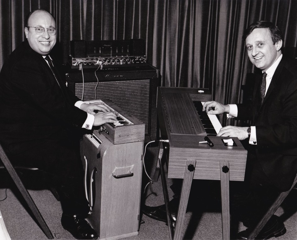 Jean-Jacques Perrey and Gershon Kingsley before their performance on the Mike Douglas Show, 1966. Perrey plays a classic model Ondioline and Kingsley plays a Hohner Clavinet.