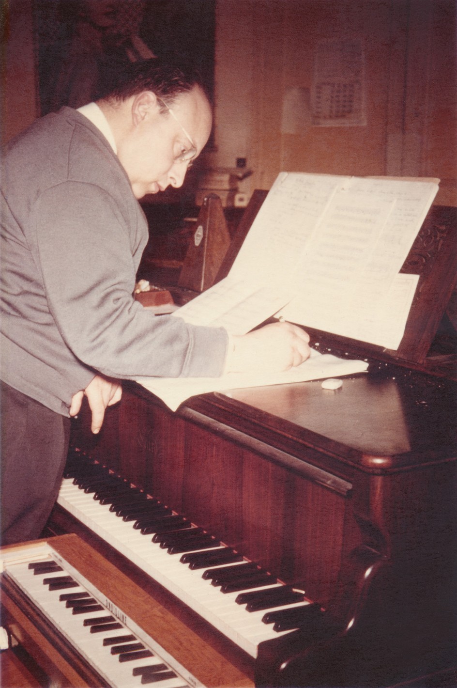 Jean-Jacques Perrey working on sheet music, circa 1967.